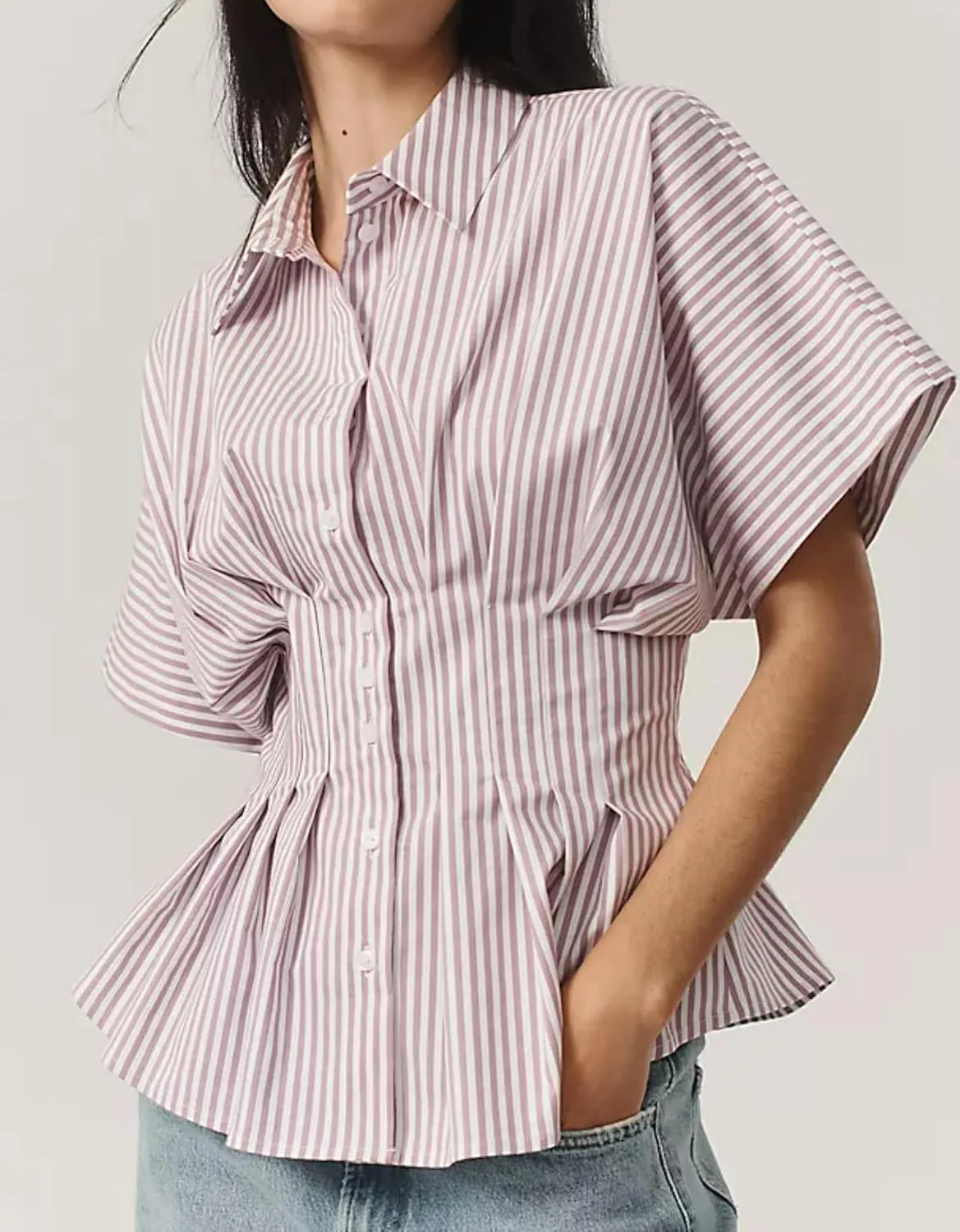 Women Striped Button Down Shirts Short Sleeve Pleated Blouse Peplum Tops 2025 Summer Business Casual Outfits
