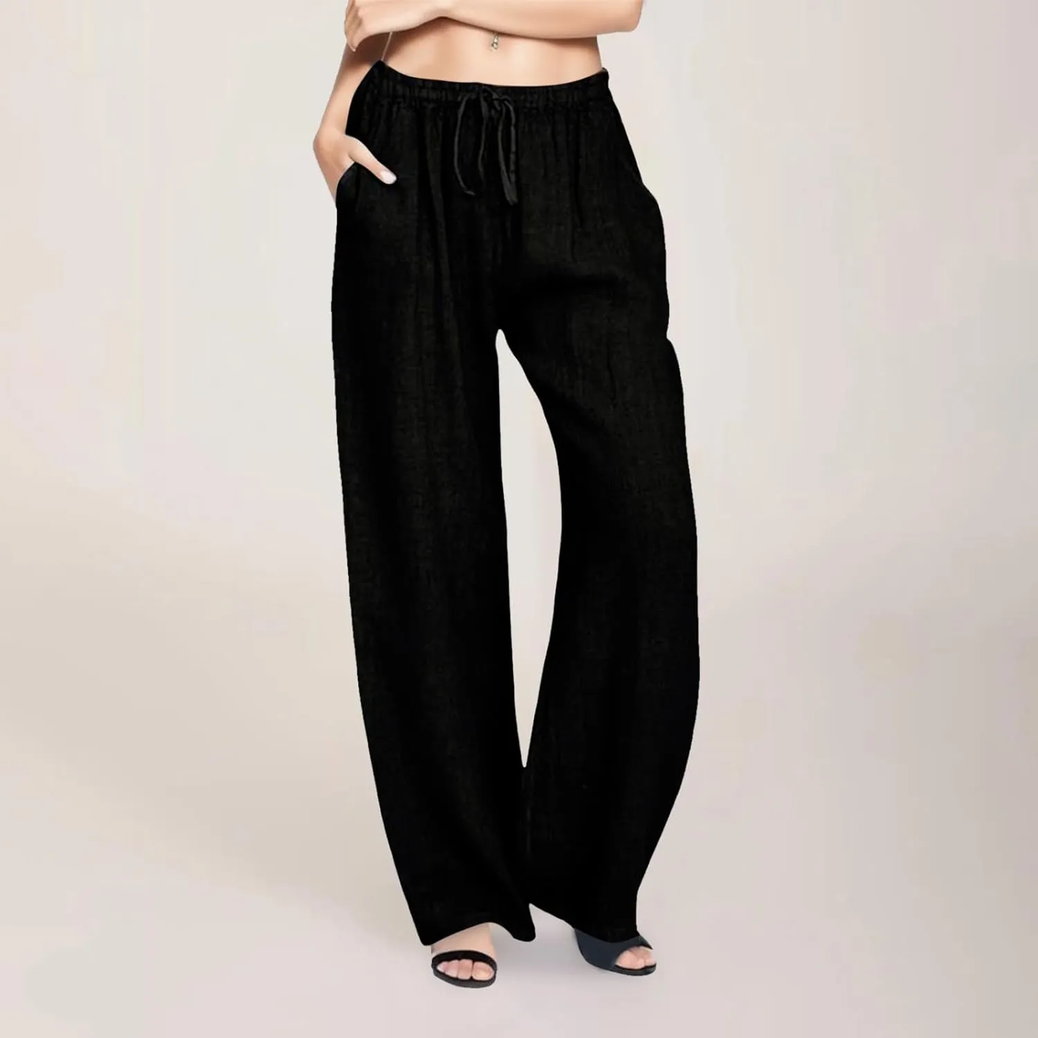 Women's Cotton Linen Palazzo Pants Summer Flowy Casual Wide Leg Drawstring Pants High Waist Loose Comfy Beach 2025 Trousers