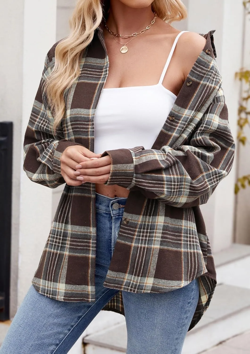 Womens Flannel Fashion Plaid Shirts Button Down Shacket Long Sleeve Jacket Casual Fall Top