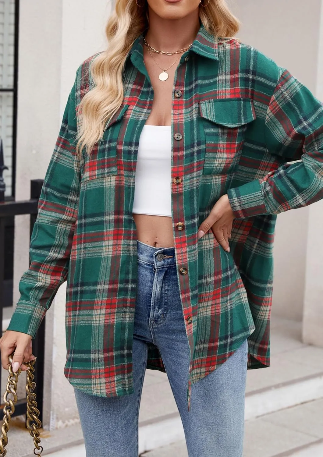 Womens Flannel Fashion Plaid Shirts Button Down Shacket Long Sleeve Jacket Casual Fall Top