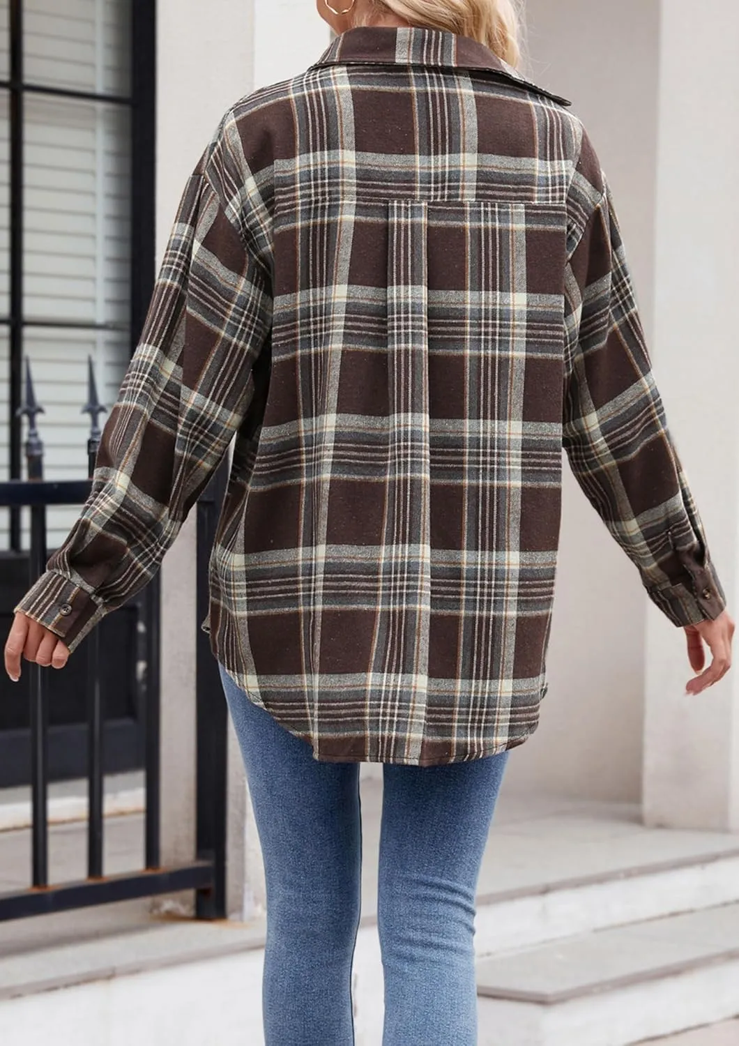Womens Flannel Fashion Plaid Shirts Button Down Shacket Long Sleeve Jacket Casual Fall Top