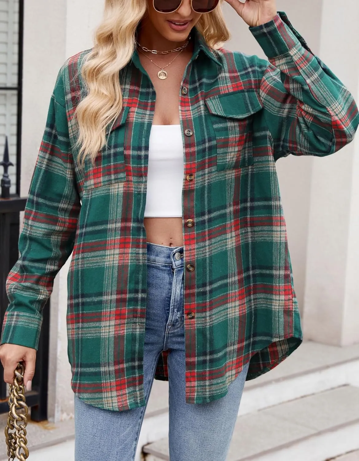 Womens Flannel Fashion Plaid Shirts Button Down Shacket Long Sleeve Jacket Casual Fall Top