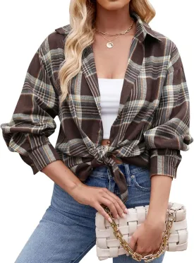 Womens Flannel Fashion Plaid Shirts Button Down Shacket Long Sleeve Jacket Casual Fall Top