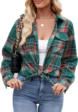 Womens Flannel Fashion Plaid Shirts Button Down Shacket Long Sleeve Jacket Casual Fall Top