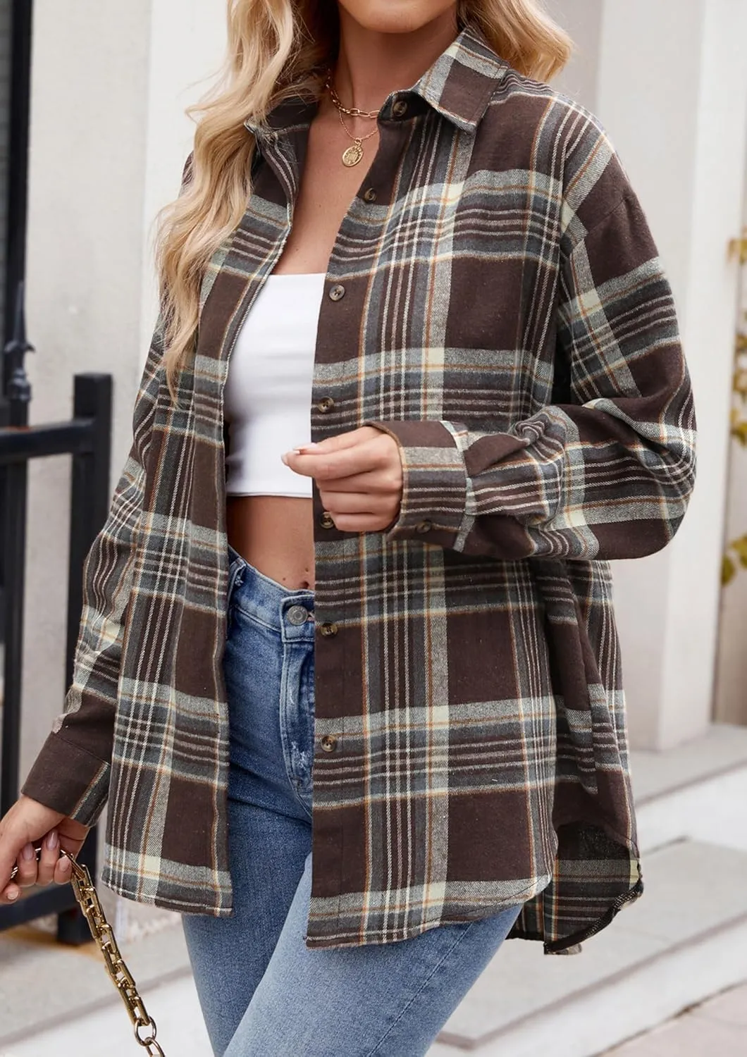 Womens Flannel Fashion Plaid Shirts Button Down Shacket Long Sleeve Jacket Casual Fall Top