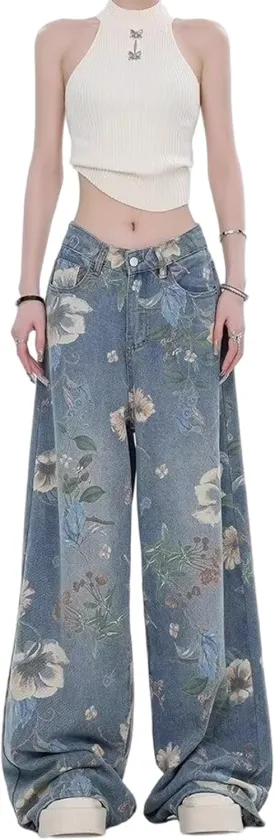 Women's Jeans, Women's Retro Floral Print with Holes, Loose Straight Leg Wide Leg Denim Pants, Y2K Jeans