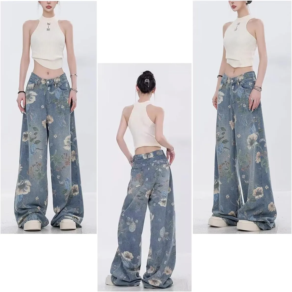 Women's Jeans, Women's Retro Floral Print with Holes, Loose Straight Leg Wide Leg Denim Pants, Y2K Jeans