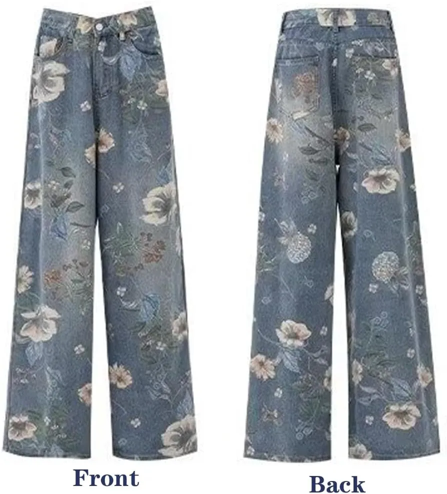 Women's Jeans, Women's Retro Floral Print with Holes, Loose Straight Leg Wide Leg Denim Pants, Y2K Jeans