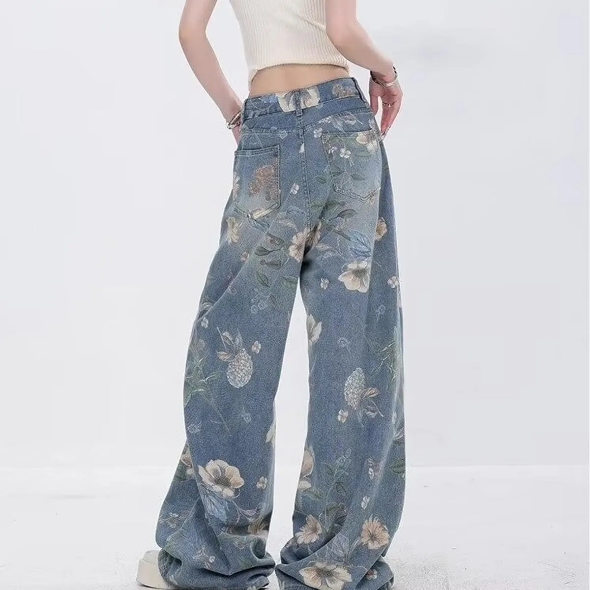 Women's Jeans, Women's Retro Floral Print with Holes, Loose Straight Leg Wide Leg Denim Pants, Y2K Jeans