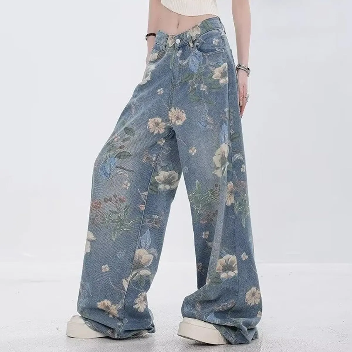Women's Jeans, Women's Retro Floral Print with Holes, Loose Straight Leg Wide Leg Denim Pants, Y2K Jeans