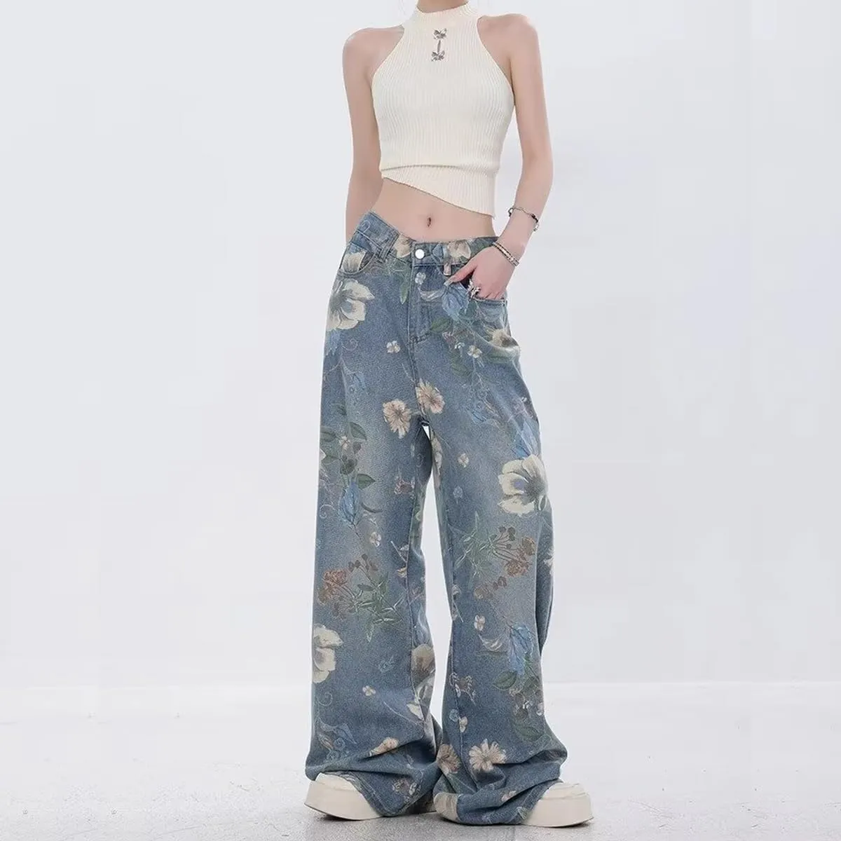 Women's Jeans, Women's Retro Floral Print with Holes, Loose Straight Leg Wide Leg Denim Pants, Y2K Jeans