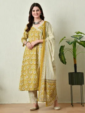 Womens Mustard Printed Angrakha A Line Kurta Pant With Dupatta Set
