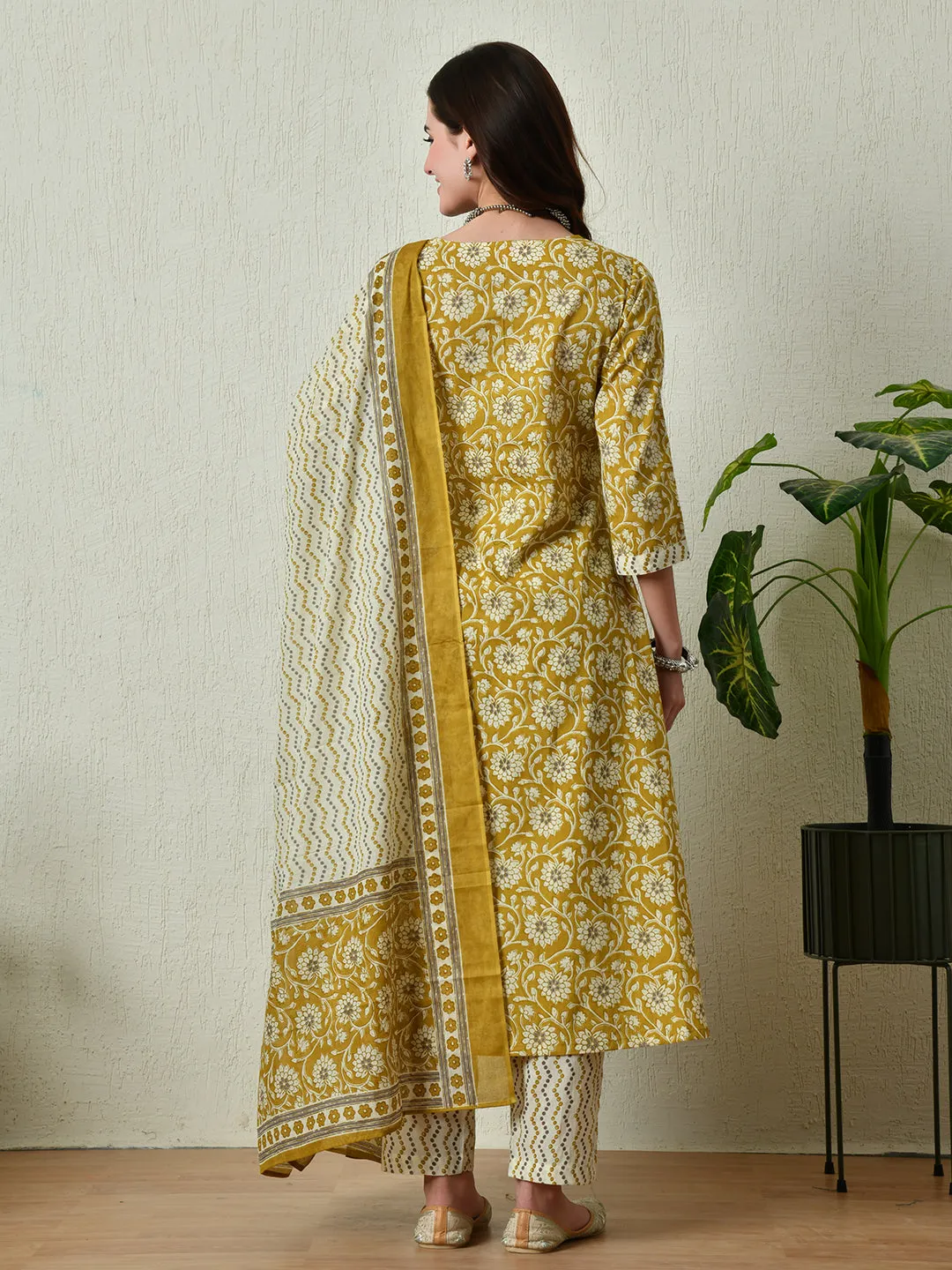 Womens Mustard Printed Angrakha A Line Kurta Pant With Dupatta Set