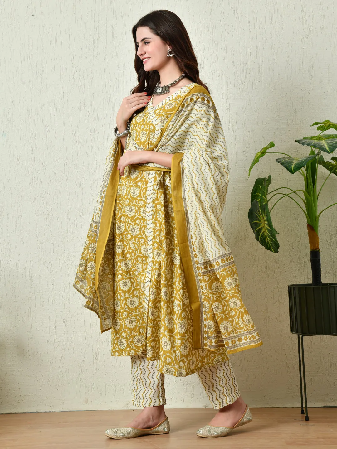 Womens Mustard Printed Angrakha A Line Kurta Pant With Dupatta Set