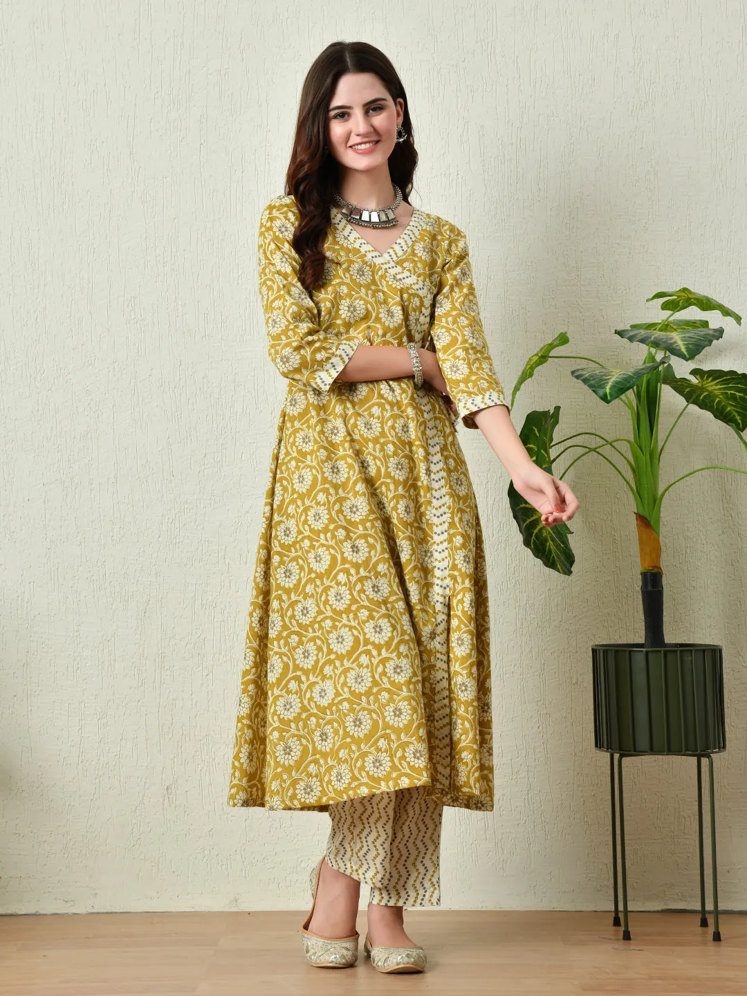 Womens Mustard Printed Angrakha A Line Kurta Pant With Dupatta Set
