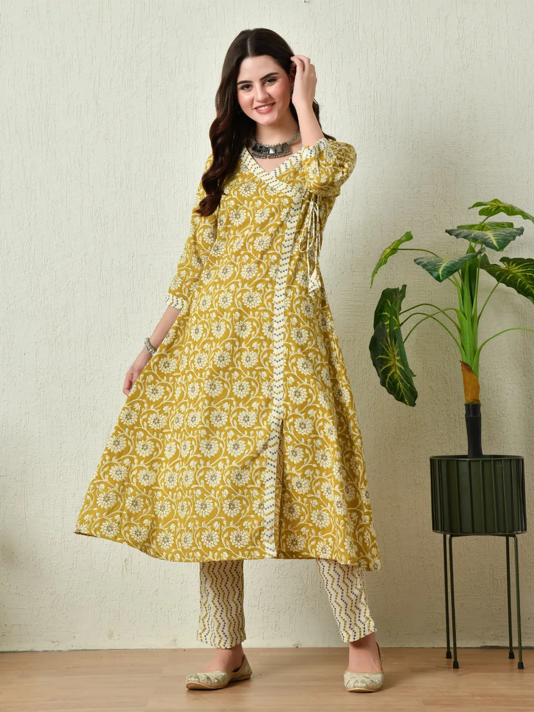 Womens Mustard Printed Angrakha A Line Kurta Pant With Dupatta Set