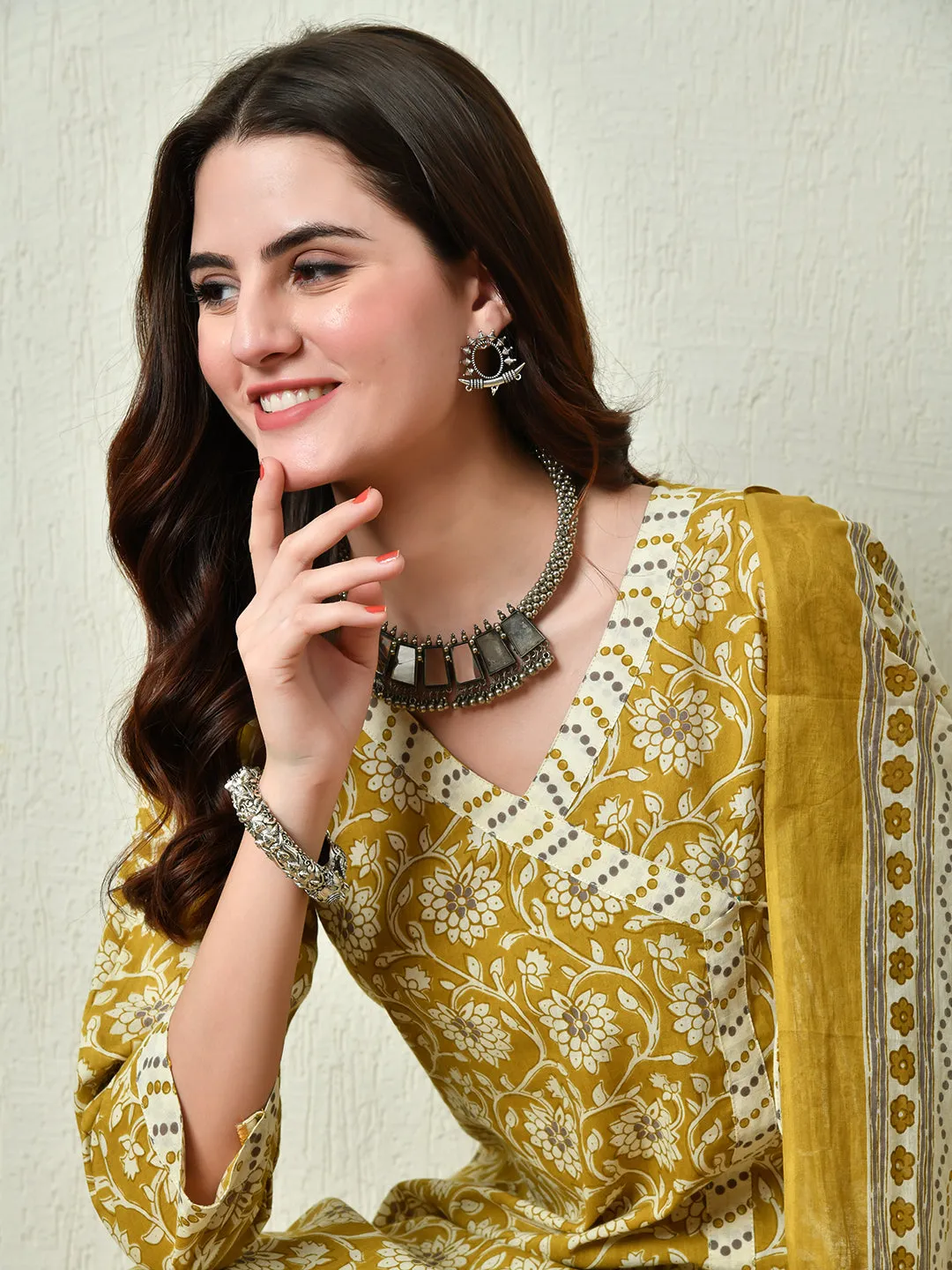 Womens Mustard Printed Angrakha A Line Kurta Pant With Dupatta Set