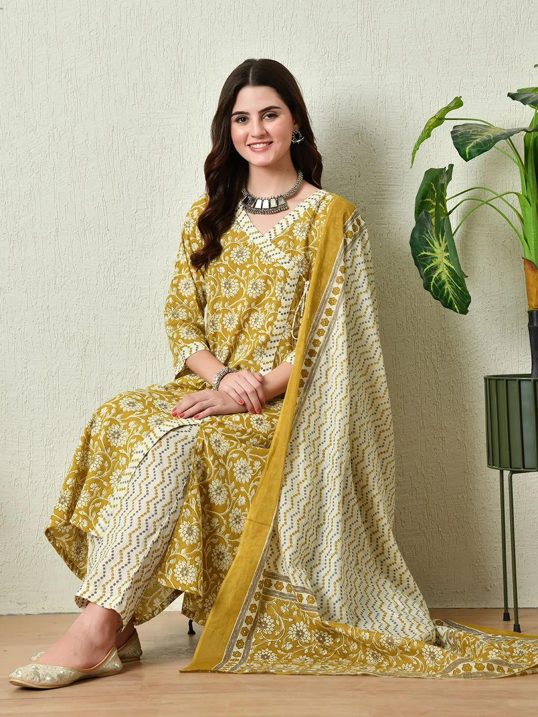 Womens Mustard Printed Angrakha A Line Kurta Pant With Dupatta Set