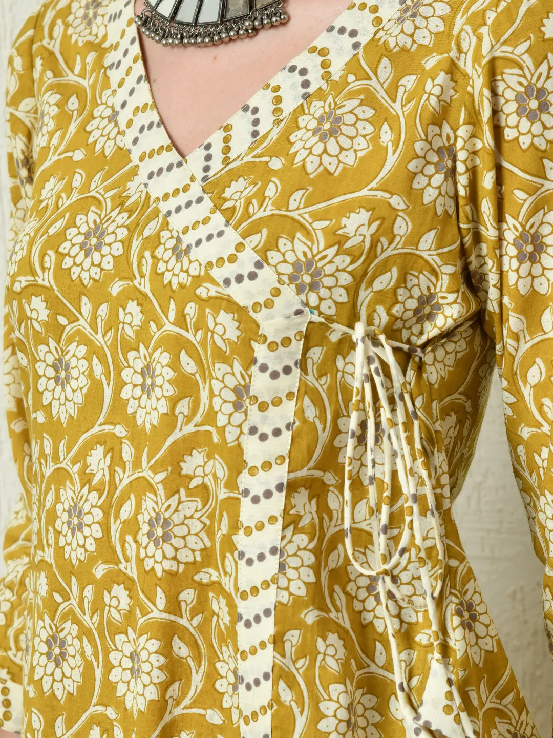 Womens Mustard Printed Angrakha A Line Kurta Pant With Dupatta Set