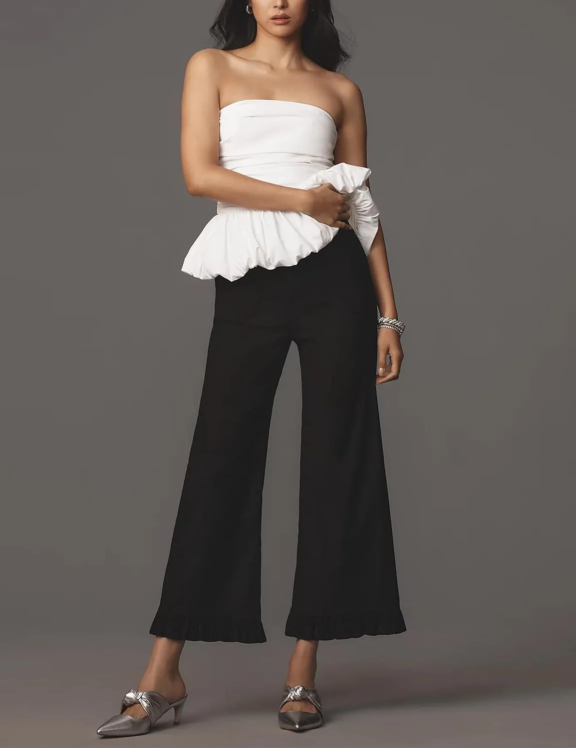 Women's Plaid Flare Pants Summer Casual Gingham Elastic Waist Ruffle Cropped Hem Y2K Loose Fit Trousers with Pockets