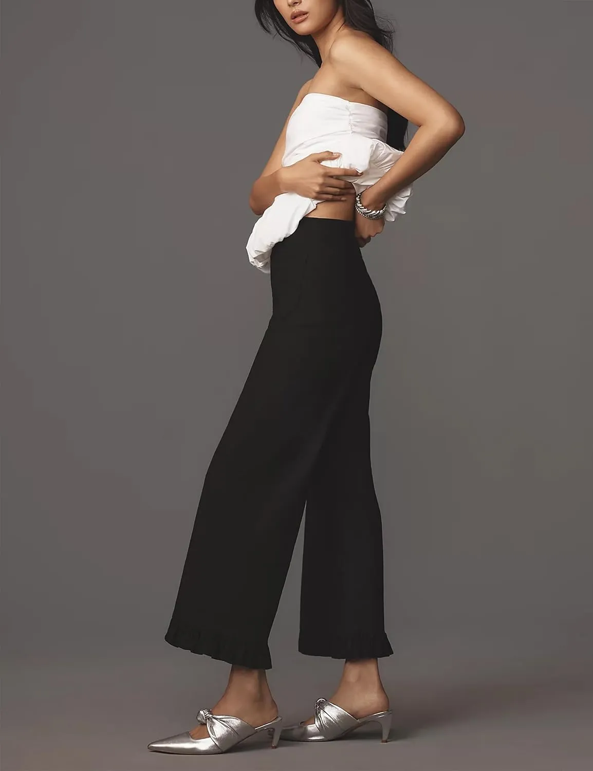 Women's Plaid Flare Pants Summer Casual Gingham Elastic Waist Ruffle Cropped Hem Y2K Loose Fit Trousers with Pockets