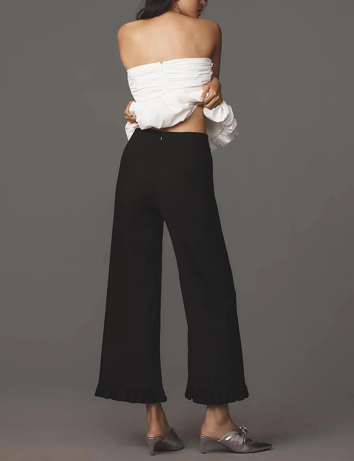 Women's Plaid Flare Pants Summer Casual Gingham Elastic Waist Ruffle Cropped Hem Y2K Loose Fit Trousers with Pockets