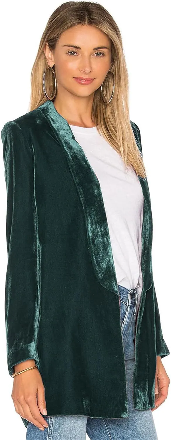 Women's Velvet Blazer Jackets Casual Long Sleeve Lapel Collar Pocketed Velvet Cardigan