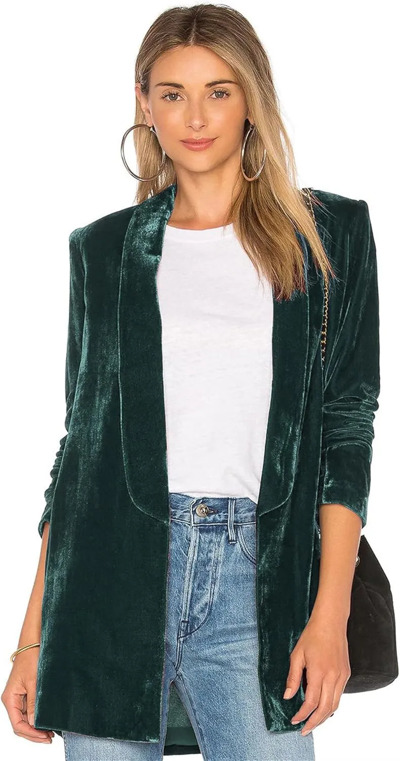 Women's Velvet Blazer Jackets Casual Long Sleeve Lapel Collar Pocketed Velvet Cardigan