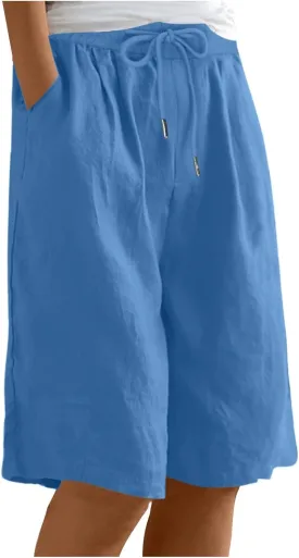 yardsong Bermuda Shorts for Women Cotton Linen Knee Length Shorts Drawstring Elastic Waist Casual Short Pants with Pockets