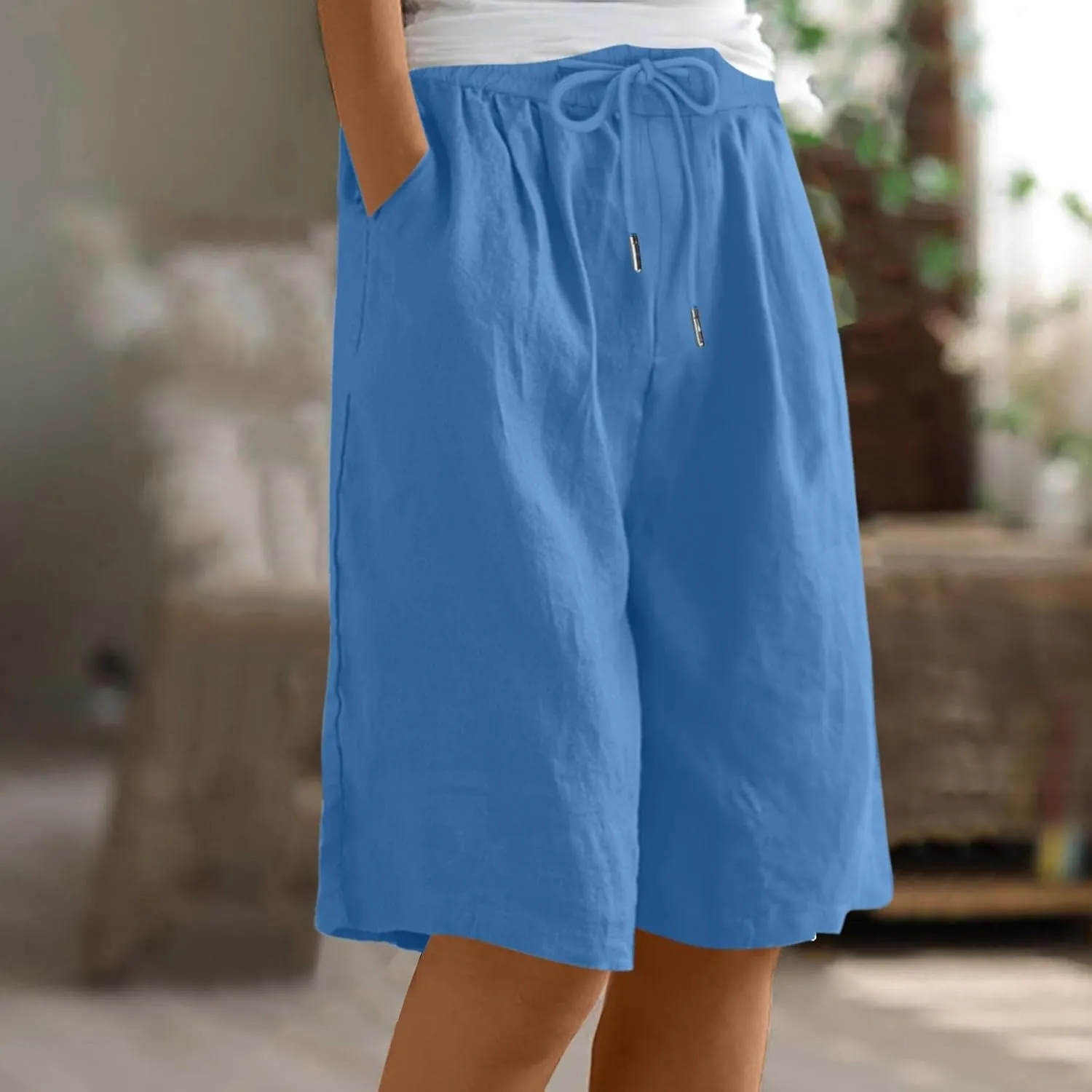 yardsong Bermuda Shorts for Women Cotton Linen Knee Length Shorts Drawstring Elastic Waist Casual Short Pants with Pockets