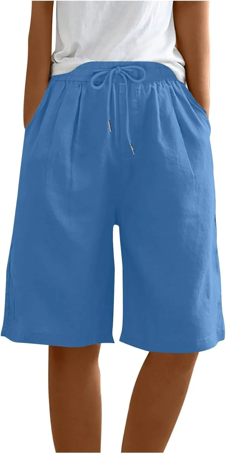 yardsong Bermuda Shorts for Women Cotton Linen Knee Length Shorts Drawstring Elastic Waist Casual Short Pants with Pockets