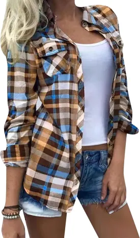 YMING Womens Button Down Flannel Shirts Long Sleeve Plaid Cardigan Casual Color Block Blouse Top with Pockets