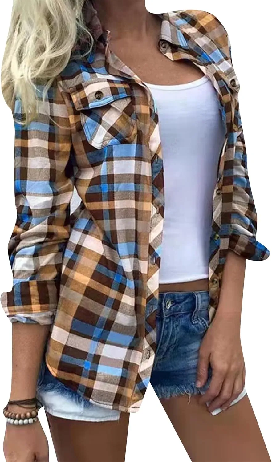 YMING Womens Button Down Flannel Shirts Long Sleeve Plaid Cardigan Casual Color Block Blouse Top with Pockets