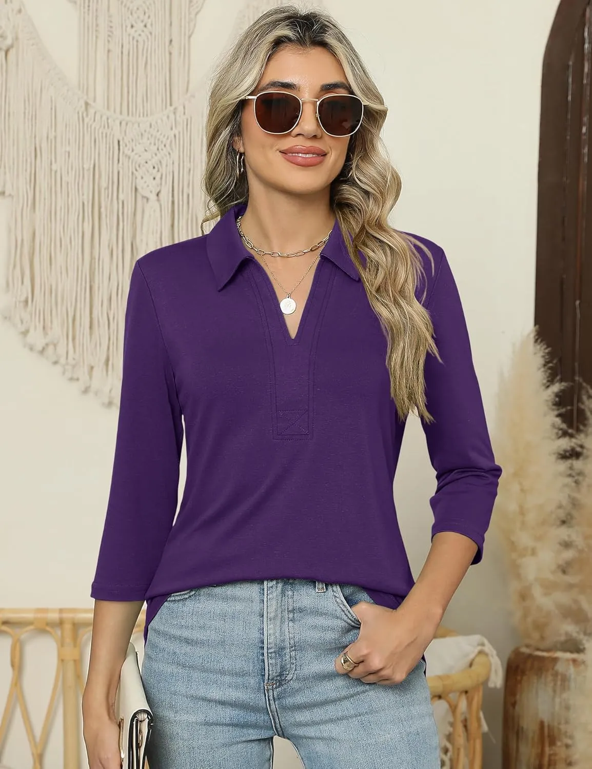 ZHENWEI Women's 3/4 Length Sleeve V-Neck Collared Tops Summer Business Casual Work Polo Shirts 2025