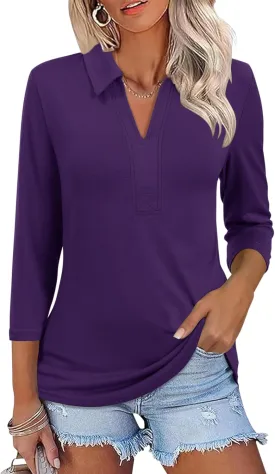 ZHENWEI Women's 3/4 Length Sleeve V-Neck Collared Tops Summer Business Casual Work Polo Shirts 2025