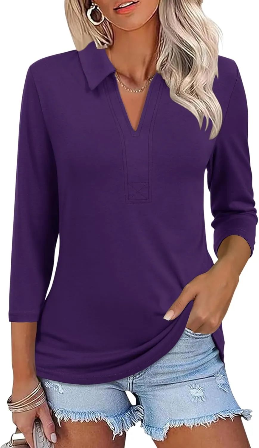 ZHENWEI Women's 3/4 Length Sleeve V-Neck Collared Tops Summer Business Casual Work Polo Shirts 2025