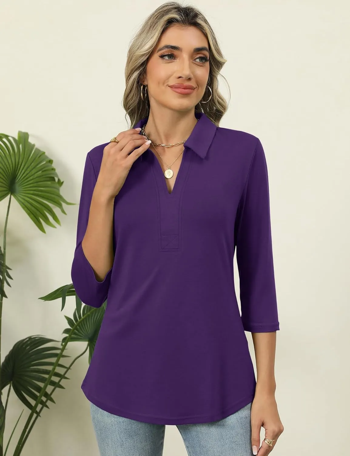 ZHENWEI Women's 3/4 Length Sleeve V-Neck Collared Tops Summer Business Casual Work Polo Shirts 2025