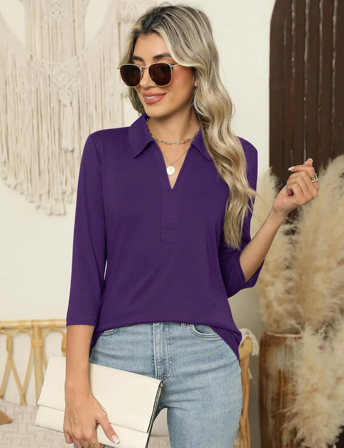 ZHENWEI Women's 3/4 Length Sleeve V-Neck Collared Tops Summer Business Casual Work Polo Shirts 2025