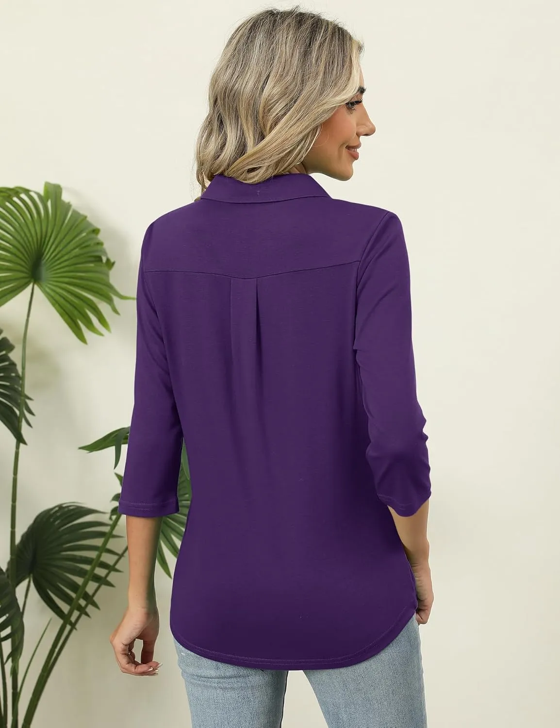 ZHENWEI Women's 3/4 Length Sleeve V-Neck Collared Tops Summer Business Casual Work Polo Shirts 2025